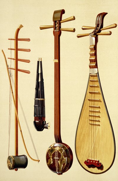 Um huqin e arco, um sheng, um sanxian e um pipa, instrumentos chineses de &39;instrumentos musicais&39; (lito colorido) de Alfred James Hipkins