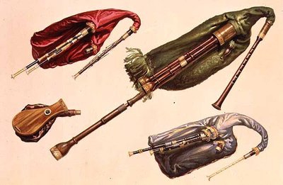 Gaitas de foles (LtoR): Verde, Baixa Escocesa, Vermelha e Northumbrian, de 