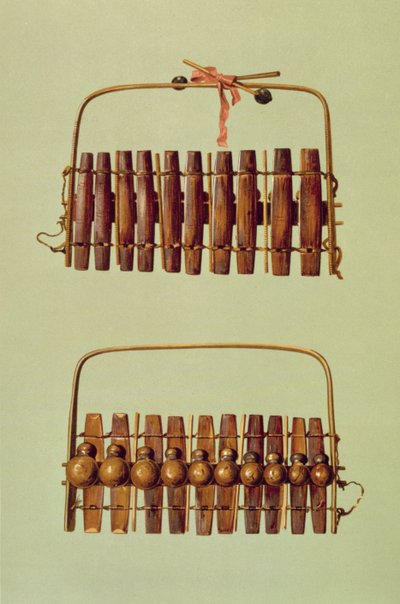 Marimba, vistas de frente e verso, sul-africano, de &39;Instrumentos musicais&39; (litografia colorida) de Alfred James Hipkins