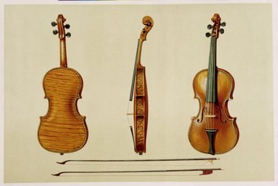O violino de Hellier feito por Antonio Stradivarius (c.1644-1737) em 1679, de &39;Instrumentos Musicais&39; (litografia colorida) de Alfred James Hipkins