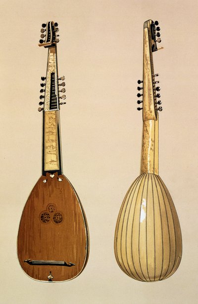 Theorbo, feito por Giovanni Krebar, Padua, 1629, de &39;Instrumentos Musicais&39; por (lito colorido) de Alfred James Hipkins