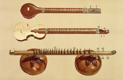 Dois sitars e um rudra vina, indiano, de &39;Instrumentos musicais&39; (litografia colorida) de Alfred James Hipkins