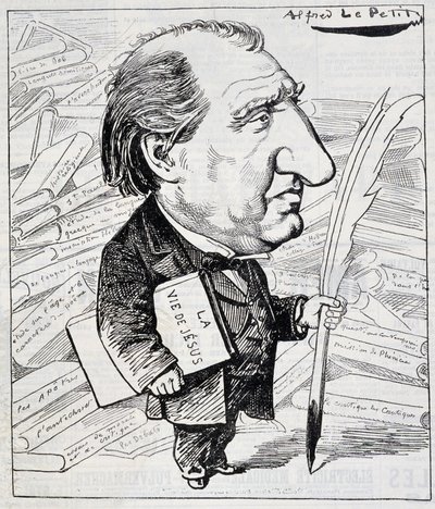 Desenho animado por Ernest Renan com "A Vida de Jesus" sob o braço - em "Le Charivari" de 11/07/1883. de Alfred Le Petit