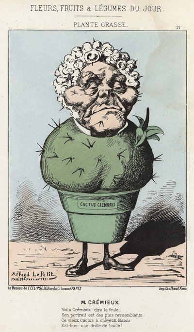 Grasse Plant: Desenho animado sobre Adolphe Crémieux - doente de 25/02/1871 em " Flores, Frutas e Legumes do Dia". de Alfred Le Petit