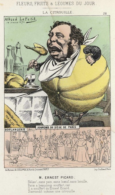 La Pumpkin: Caricatura em Ernest Picard - doente de 14/03/1871 "Flores, Frutas e Legumes do Dia". de Alfred Le Petit