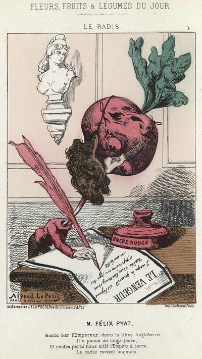 Le Radis: Cartoon on Félix Pyat (1810 - 1889) - ill. of 02/02/187 in " Flores, Frutas e Legumes do Dia". de Alfred Le Petit