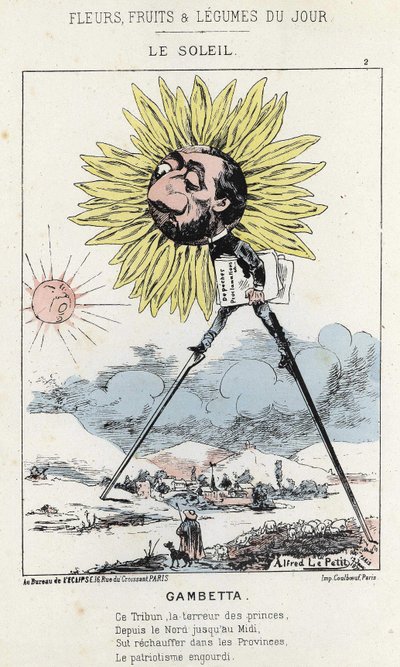 Le Soleil (girassol): caricatura em Gambetta (1838 - 1882) - doente de 12/01/1871 em "Flores, Frutas e Legumes do Dia". de Alfred Le Petit
