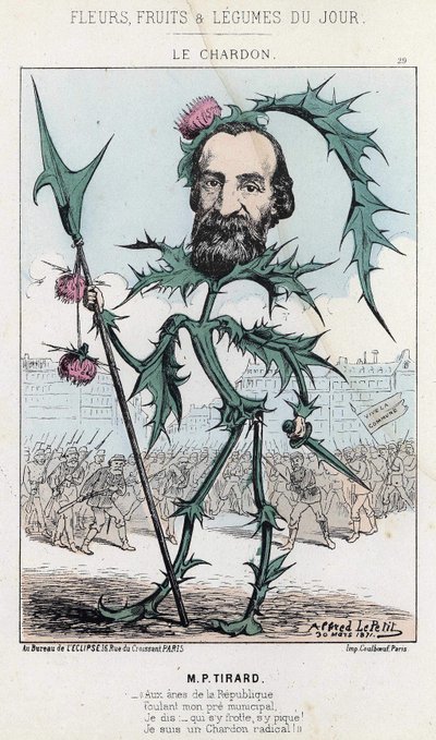 Le Thistle: caricatura sobre P. Tirard - doente. de 30/03/1871 " Flores, frutos e legumes do dia". de Alfred Le Petit