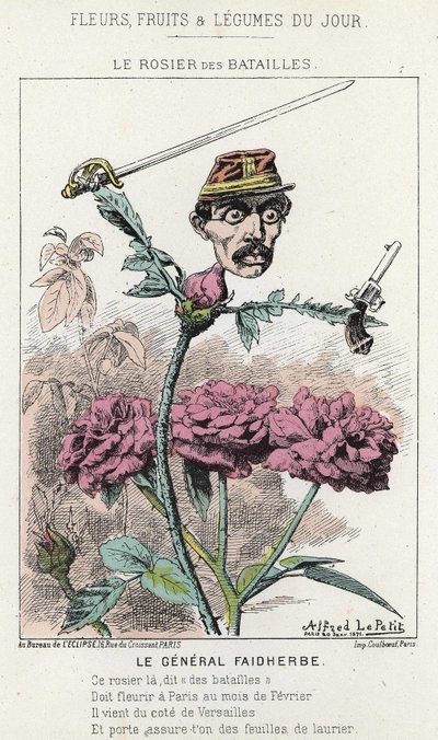 The Rosier des Battailles: cartoon sobre o General Faidherbes - doente de 20/01/1871 em "Flores, Frutas e Legumes do Dia". de Alfred Le Petit