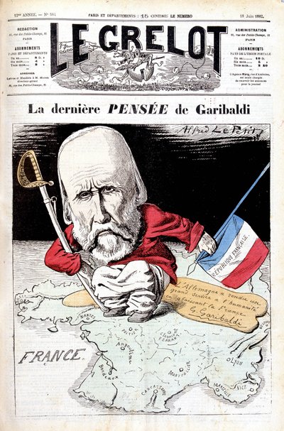 O último pensamento de Garibaldi. Caricatura em Le bell de Alfred Le Petit