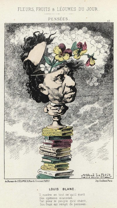 Pensamentos: Desenho animado sobre Louis Blanc - doente. de 02/04/1871 em "Flores, Frutas e Legumes do Dia". de Alfred Le Petit