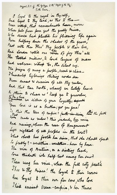 Manuscrito original do epílogo aos idílios do rei, c1872. de Alfred Lord Tennyson