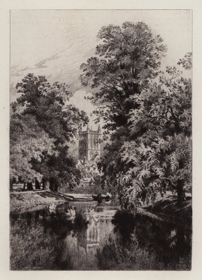 Cambridge: O Cam perto do Trinity College, com a Torre da Capela de São João (gravura) de Alfred Louis Brunet Debaines