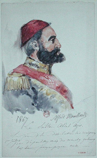 Sultão Abd al-Aziz (1830-76) 1867 (aguarela sobre papel) de Alfred Mouillard