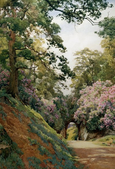 Uma clareira florida. Clareira florida (Allee en fleurs). Pintura de Alfred William Parsons (1847-1920 britânico) Coleção exclusiva de Alfred Parsons