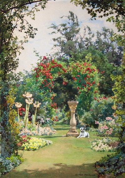 Junto ao relógio de sol, início do verão, Broadway (aguarela com aguarela) de Alfred Parsons