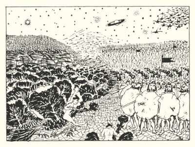 Uma História Verdadeira, de Lucian: Batalha no Ar na Planície da Teia de Aranha (gravura) de Alfred Payne Garnett
