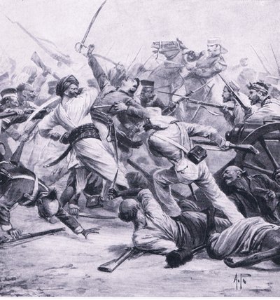 Nicholsons derrota dos rebeldes em Najafgarh, 2 de agosto de 1857, ilustração das Batalhas Britânicas na Terra e no Mar, 1915 de Alfred Pearse