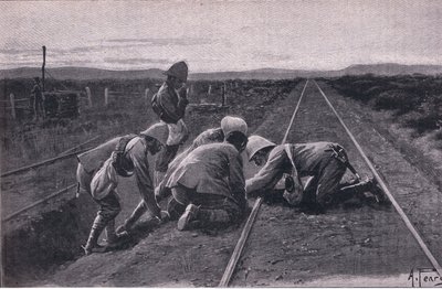 Nossas tropas explodindo uma ferrovia militar ao norte de Bloemfontein (litho) de Alfred Pearse