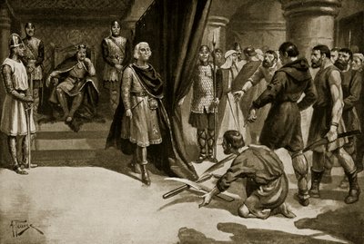 Camponeses atirando seus arados aos pés de Henrique I, ilustração de "Hutchinson