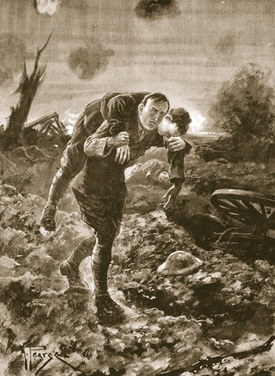 Tenente temporário G. St. GS Cather trazendo um homem ferido em plena vista do inimigo e sob fogo de metralhadora e artilharia de Alfred Pearse