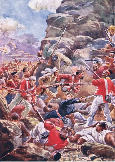 O cerco de Deli: Atacando a violação, ilustração das Batalhas Britânicas em Terra e Mar, 1915 de Alfred Pearse