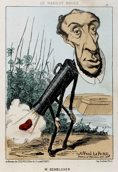 Le Bean rouge: caricatura de Victor Schoelcher representada no comboio de Pedro um feijão (fart) - doente de 16/02/1871 em "Fleurs, Fruits et Vegetables du Jour". de Alfred Petit