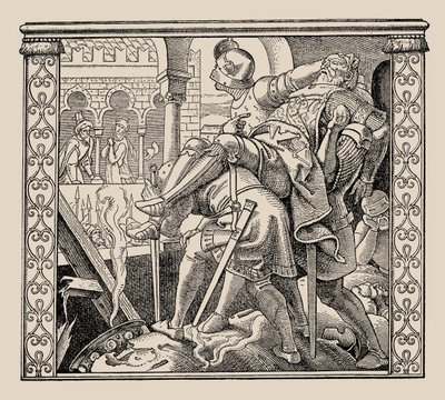 Die Nibelungen. Como o corpo de Rudigers é apresentado a Krimhild, 1840-1841. de Alfred Rethel