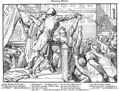 Totentanz 1848: A morte oferece a espada da Justiça de Alfred Rethel