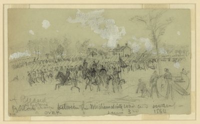 Barlow e Gibbons avançam entre a estrada de Mechanicsville e o pântano de Alfred Rudolph Waud