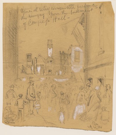 Comitê Geral de Socorro Alimentando os Famintos do Porão da Sala do Congresso durante o Incêndio de Chicago de 1871 (lápis e giz sobre papel) de Alfred Rudolph Waud
