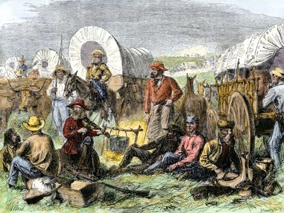História dos colonos de Conquete Oeste: Pioneiros americanos. Acampamento de viajantes no Túmulo da Noite perto de Diligences, Estados Unidos. Gravura colorida do século XIX. de Alfred Rudolph Waud