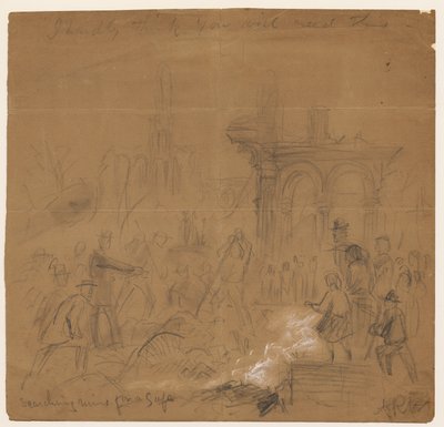 Procurando ruínas para um cofre após o incêndio de Chicago de 1871 (lápis e giz no papel) de Alfred Rudolph Waud