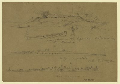 Três cenas de instalações militares - bateria inferior no Ogeechee destruída pelo Pembina de Alfred Rudolph Waud