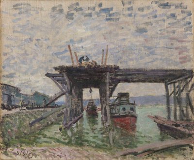 Alemão: Ponte em construção A garagem de barcos no rio de Alfred Sisley