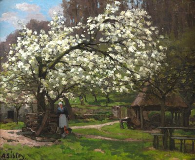 Primavera, camponesa sob árvores floridas Primavera, camponesa sob..., ca. 1865. de Alfred Sisley
