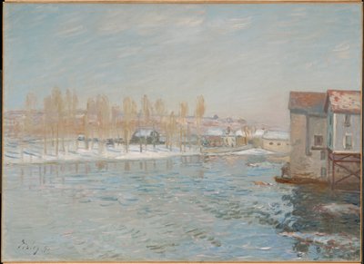O Loing e os moinhos de Moret, efeito de neve de Alfred Sisley