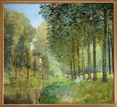 O resto na borda do riacho, borda de madeira - Pintura de Alfred Sisley (1839-1899) de Alfred Sisley
