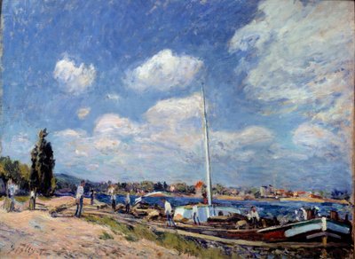 A descarregar as barcaças em Billancourt. Pintura de Alfred Sisley (1839 - 1899) de Alfred Sisley