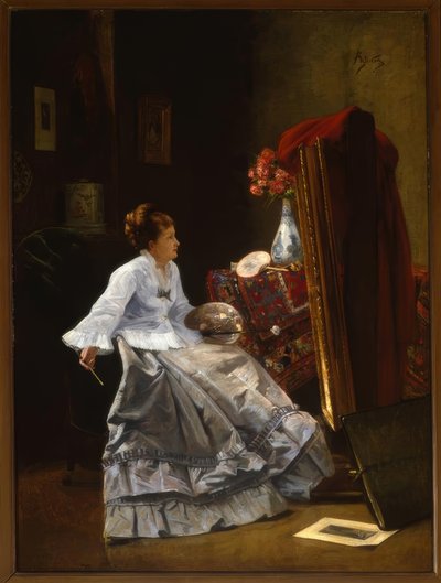 Atribuído a A. Stevens, senhora em seu cavalete - pintura de Alfred Emile Stevens