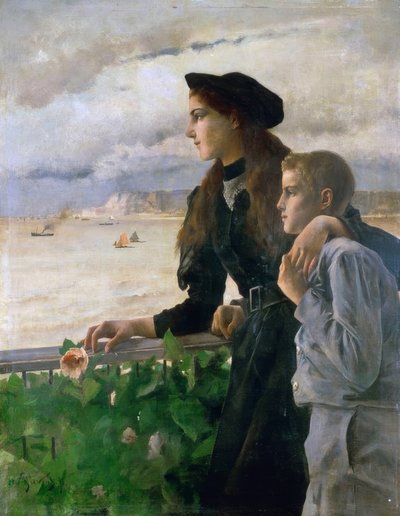 Irmão e irmã em frente ao mar em Honfleur de Alfred Emile Stevens