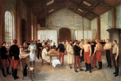 Sessão de vacinação de oficiais franceses no hospital Val de Grace em Paris, em c.1900 (óleo sobre tela) de Alfred Touchemolin