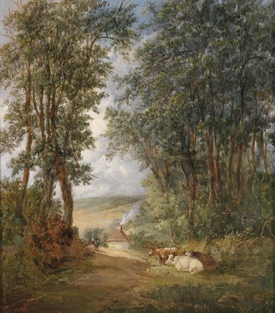 Alemão: paisagem florestal com vacas a descansar em primeiro plano de Alfred Vickers