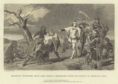 Entrevista de Hotspur com o mensageiro do rei Henrique depois da Batalha de Homildon Hill de Alfred W. Elmore