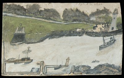 Cena do porto com castelo e farol (lápis e óleo no cartão) de Alfred Wallis