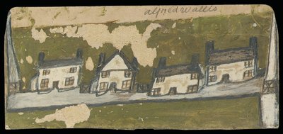 Fileira de quatro chalés (óleo e lápis no cartão) de Alfred Wallis