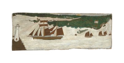 Escuna a passar por um farol, c.1855-1942 (óleo sobre tábua) de Alfred Wallis