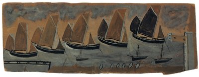 Porto de St. Ives com cinco barcos à vela (óleo e lápis a bordo) de Alfred Wallis