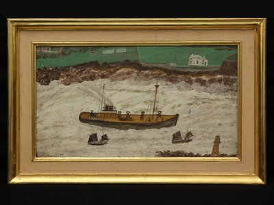 Três barcos entre o farol e a costa, c.1930 (óleo no cartão) de Alfred Wallis