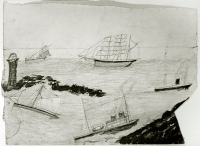 Três veleiros, dois navios a vapor e Godrevy Lighthouse, c.1935-38 (óleo e lápis sobre cartão) de Alfred Wallis